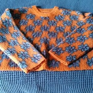 Obey Orange Crewneck Sweater with Blue Floral Pattern